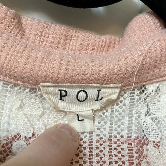 POL Shirt Womens L Oversized Thermal Lace Button Down Top Blush Pink Boho - Picture 2 of 12